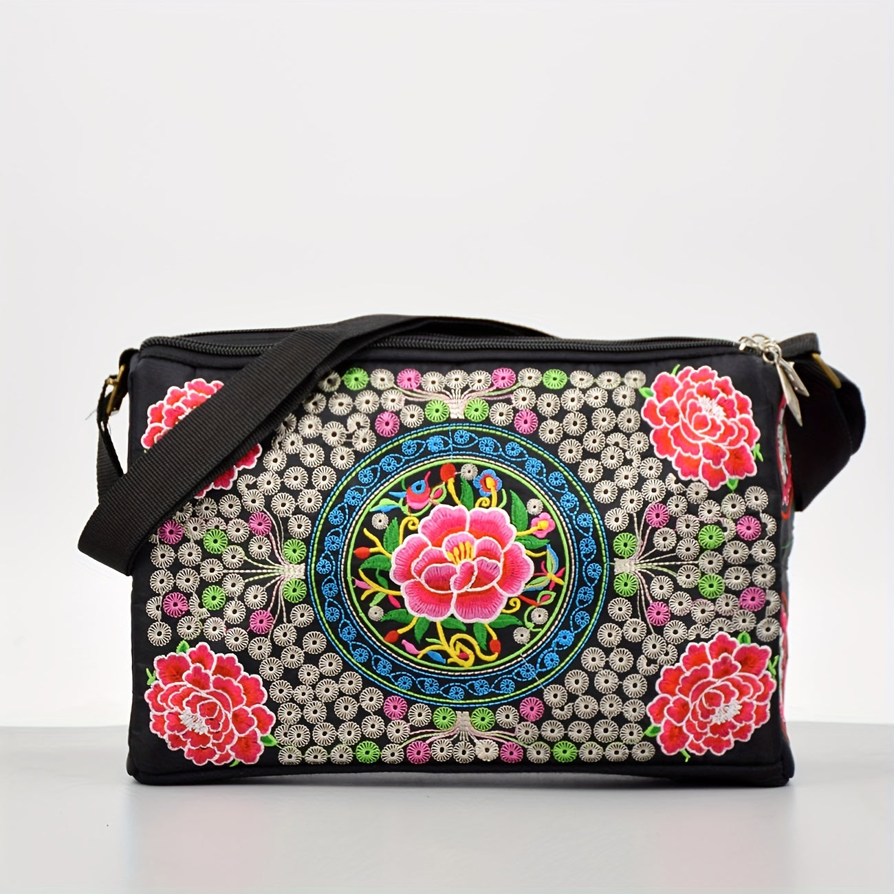 Floral Lightweight Crossbody Bag for Women – Adjustable Strap, Secure Zip, Embroidered Comic-Patterned Travel Purse