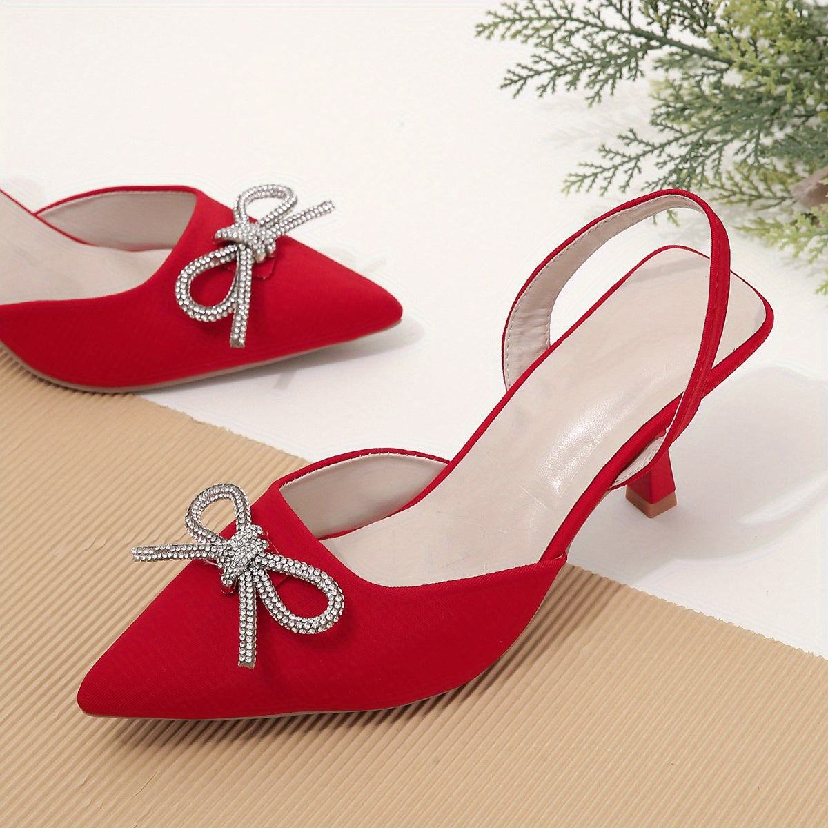 Women's Rhinestone Bow Stiletto, Pointed Toe Satin Slingback High Heels, Party & Evening Going Out Dress Shoes