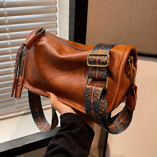 Stylish Large Capacity Crossbody Bag - Graphic Pattern Zipper Shoulder Bag With Wide Strap - Daily Purse