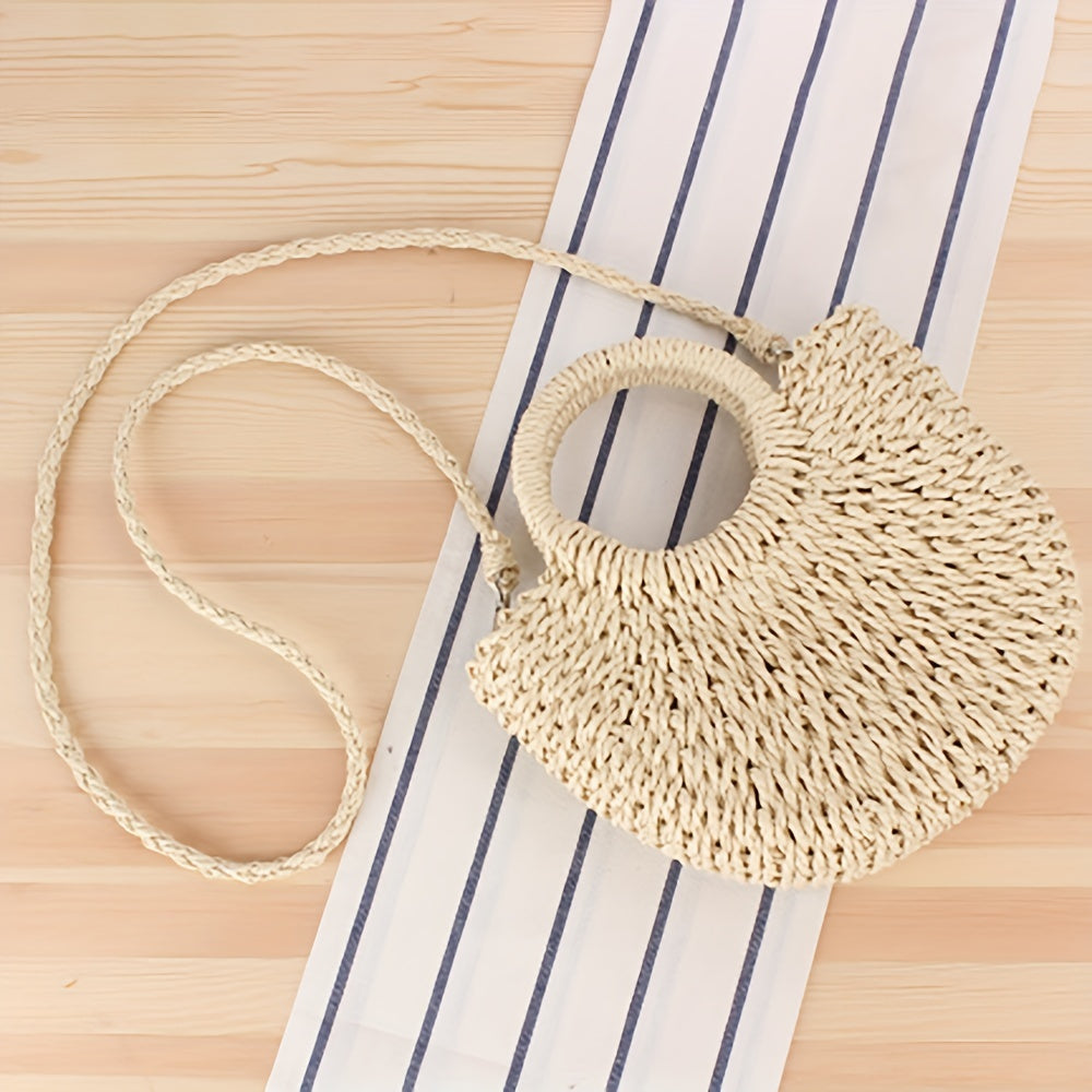 Half-Round Woven Straw Crossbody Bag - Lightweight, Removable Strap, Drawstring Closure, Polyester Lining, Perfect for Womens Summer Holiday and Beach Occasions