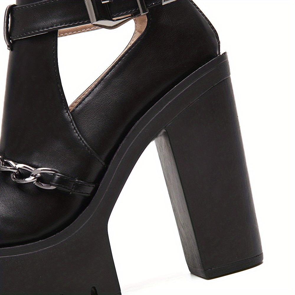 Women's Goth Platform Block High Heels, Black Chain Decor Double Buckle Strap Ankle Boots, Back Zipper Short Motorcycle Boots