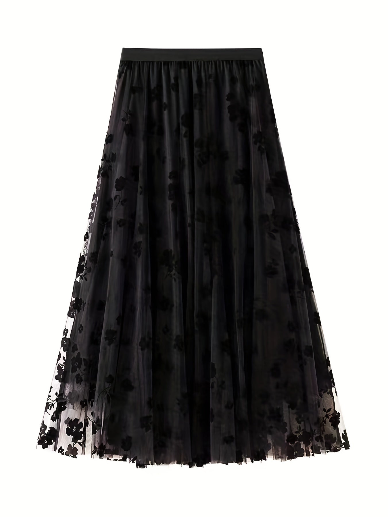 Plant Print Contrast Mesh Skirts, Elegant High Waist Maxi Skirts, Women's Clothing