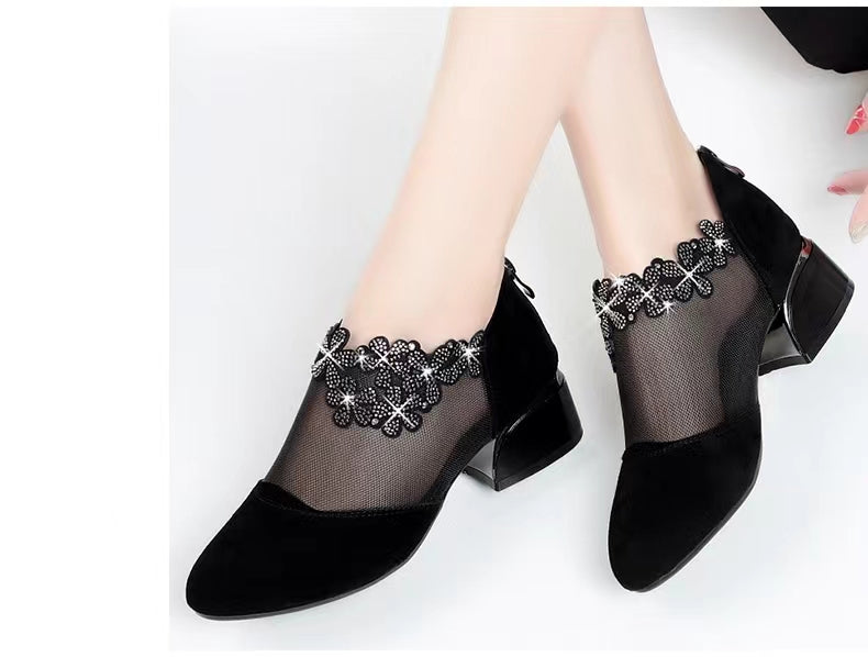 Women's Flower Rhinestone Mesh Block Heels, Fashion Back Zipper Solid, Versatile Dress Low Heels