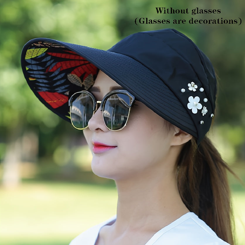 Womens Summer Sun Hat - Premium UV Shield, Stylishly Versatile, Travel-Friendly Foldable Design, Wide Brim for Optimal Shade, Chic Floral Lining, Adjustable with Flower Accent
