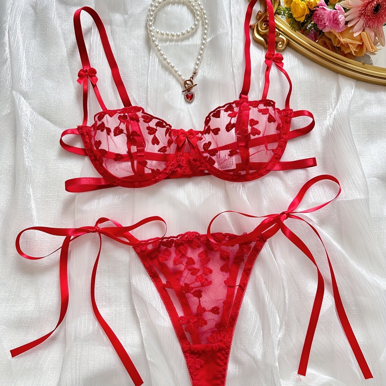 Romantic Heart Embroidered Lingerie Set - Delicate Sheer Mesh, Wireless Unlined Bra & Seductive Strappy Thong - Intimate, Comfortable & Alluring Womens Underwear for Special Occasions