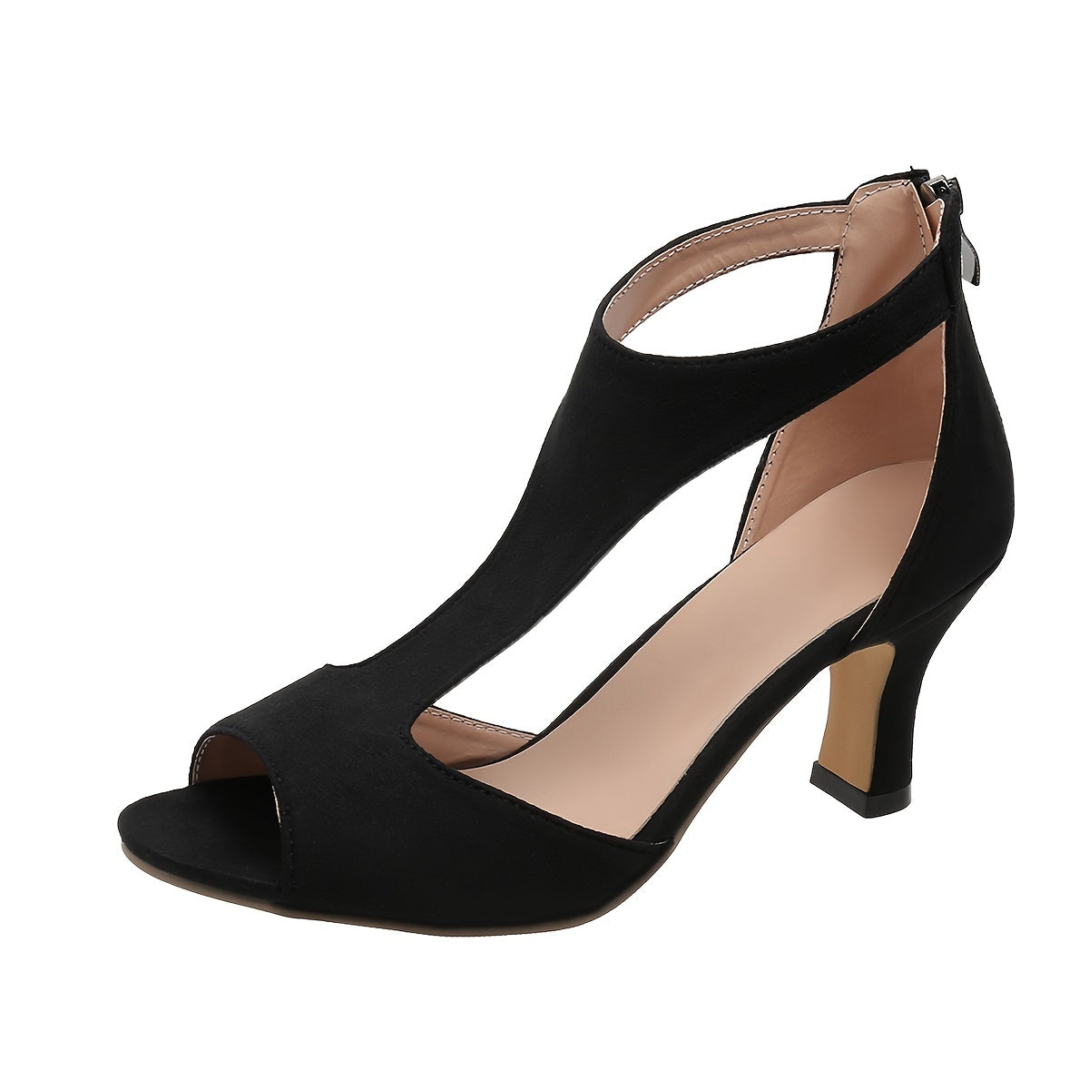 Chunky Heel Women's High Heels, Peep Toe T-strap Back Zipper Sandals, Fashion Black Shoes