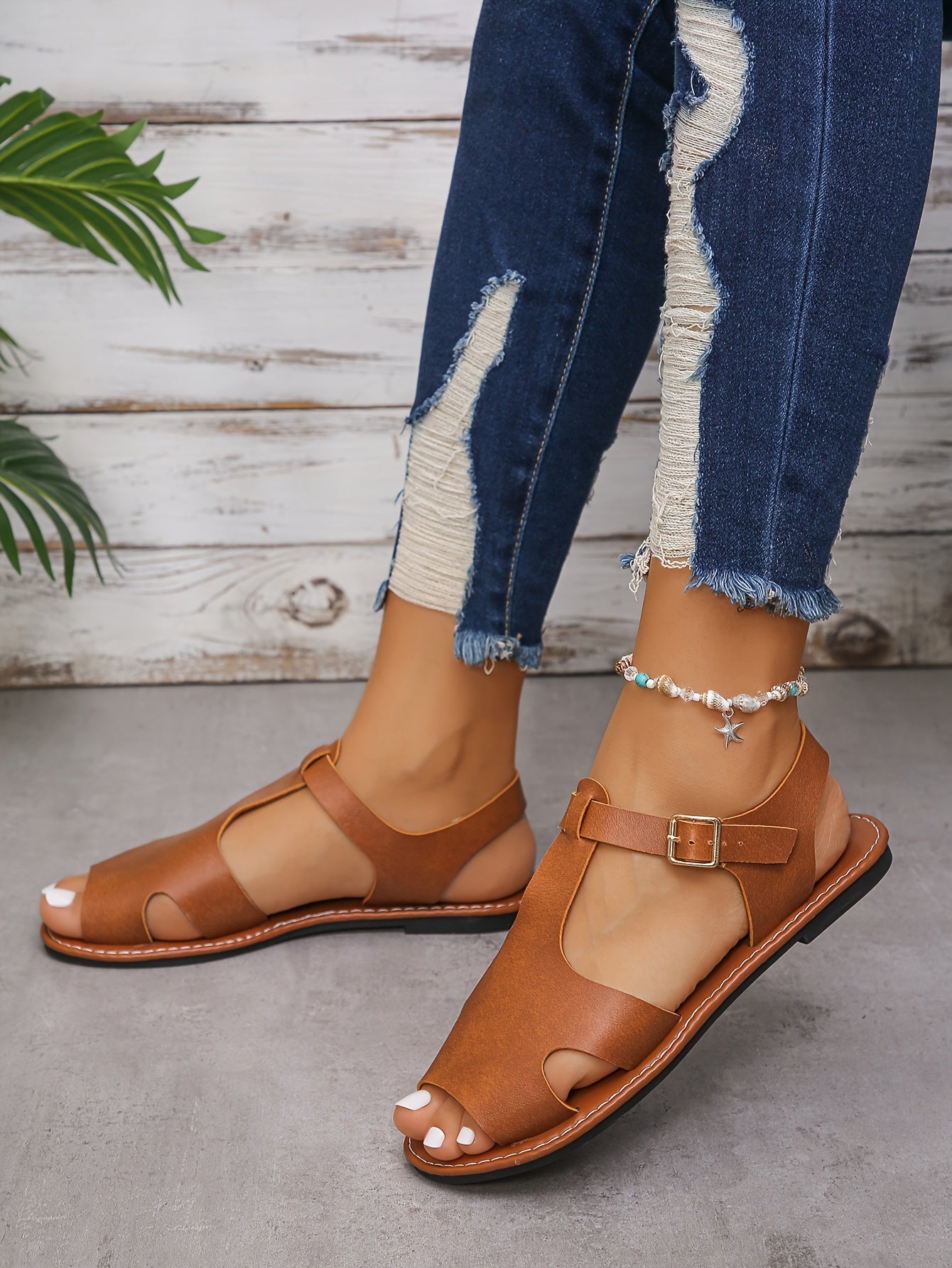 Womens Summer Flat Sandals - Buckle Ankle Strap, Lightweight, Comfortable, Open Toe, Faux Leather Upper, Rubber Sole, Versatile Vacation Footwear for Beach, Pool, and Outdoor Activities