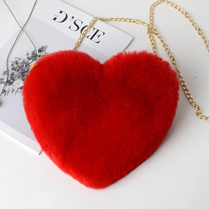 Heart Shaped Plush Bag, Women's Chain Crossbody Bag, Kawaii Zipper Purse For Valentine's Day