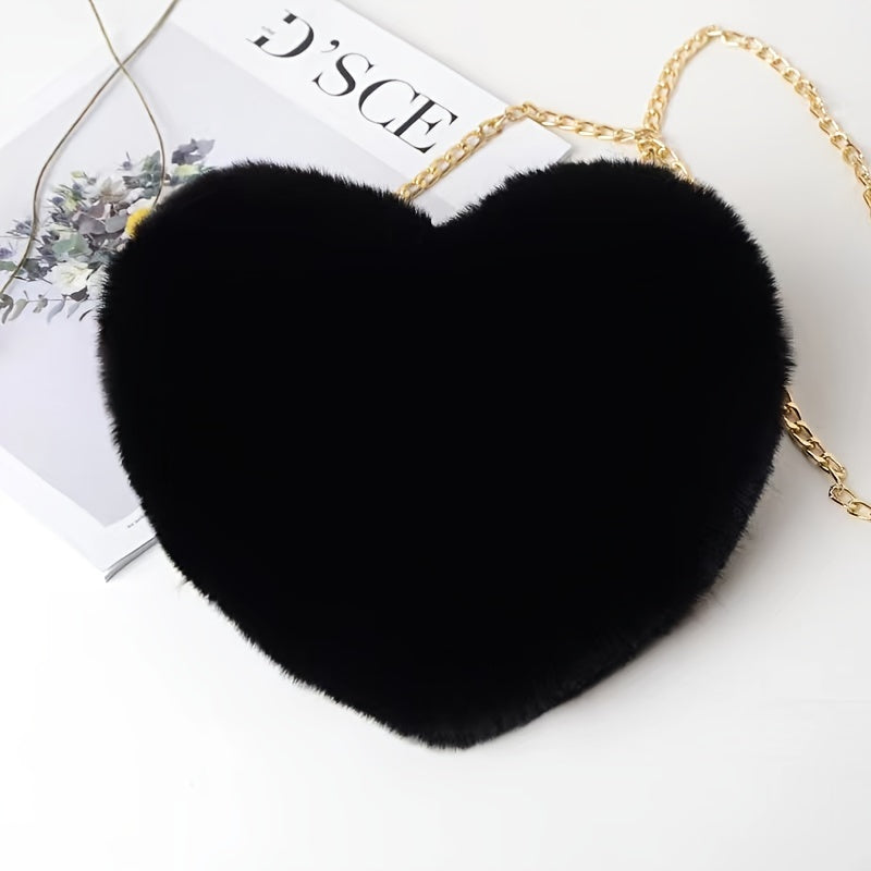 Heart Shaped Plush Bag, Women's Chain Crossbody Bag, Kawaii Zipper Purse For Valentine's Day