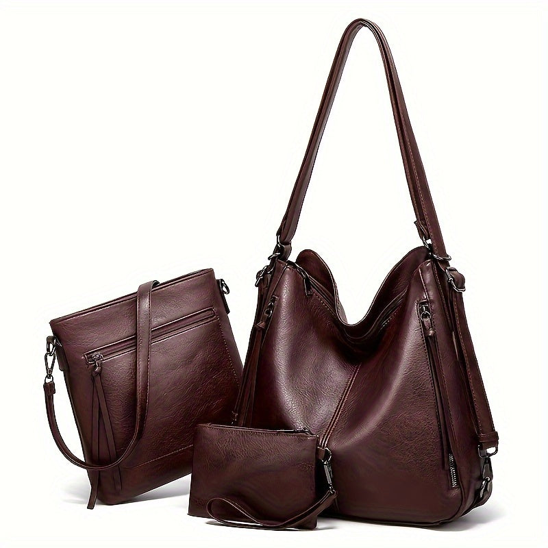 3-Piece Retro Tote Bag Set for Women - Stylish Shoulder & Crossbody Bags with Matching Clutch Coin Purse - Versatile Vintage-inspired Style for Everyday Elegance