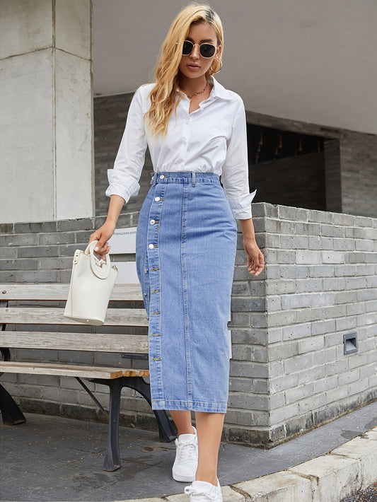 Side Single-breasted Button Split Denim Skirts, High Waist Patchwork Versatile Denim Skirts, Women's Denim Clothing