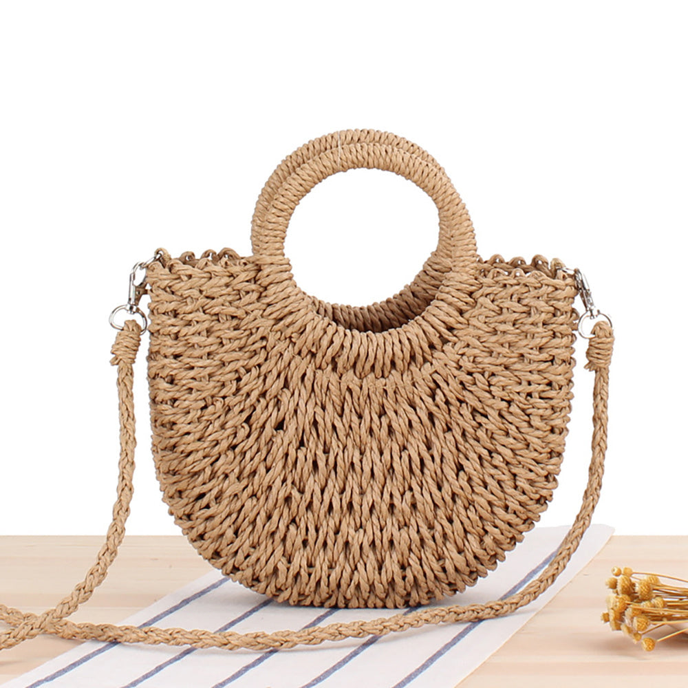 Half-Round Woven Straw Crossbody Bag - Lightweight, Removable Strap, Drawstring Closure, Polyester Lining, Perfect for Womens Summer Holiday and Beach Occasions