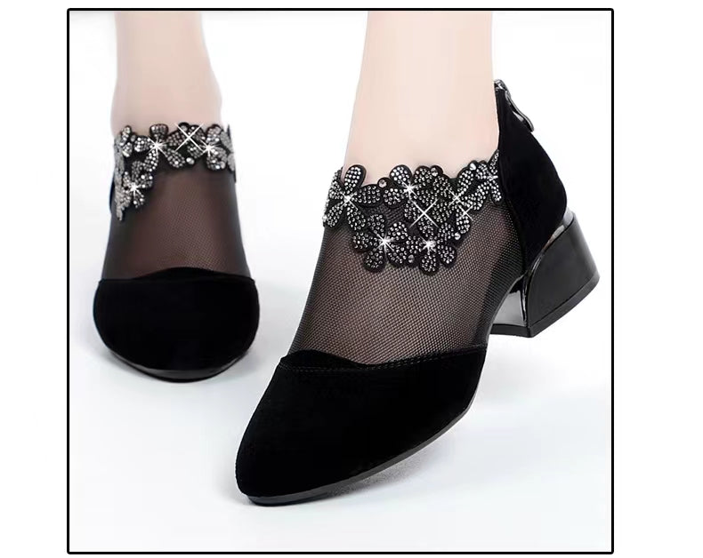 Women's Flower Rhinestone Mesh Block Heels, Fashion Back Zipper Solid, Versatile Dress Low Heels