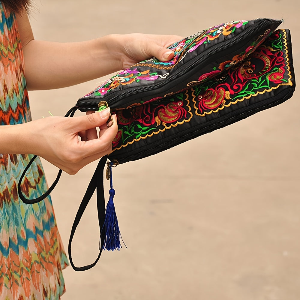Vintage Square Phone Purse - Ethnic Floral Embroidery, Wristlet Strap, Stylish Clutch for Everyday Chic