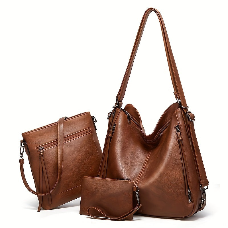 3-Piece Retro Tote Bag Set for Women - Stylish Shoulder & Crossbody Bags with Matching Clutch Coin Purse - Versatile Vintage-inspired Style for Everyday Elegance