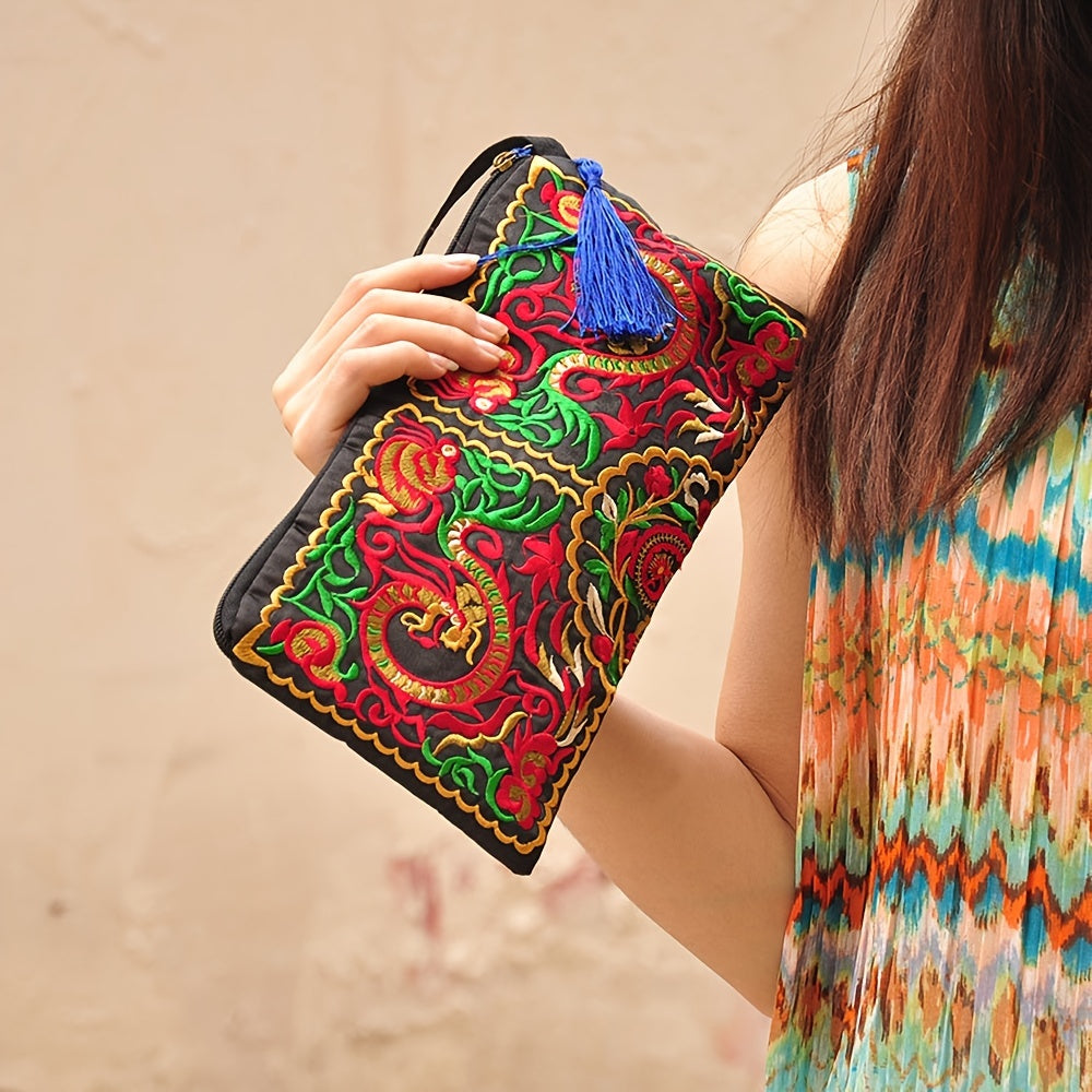 Vintage Square Phone Purse - Ethnic Floral Embroidery, Wristlet Strap, Stylish Clutch for Everyday Chic