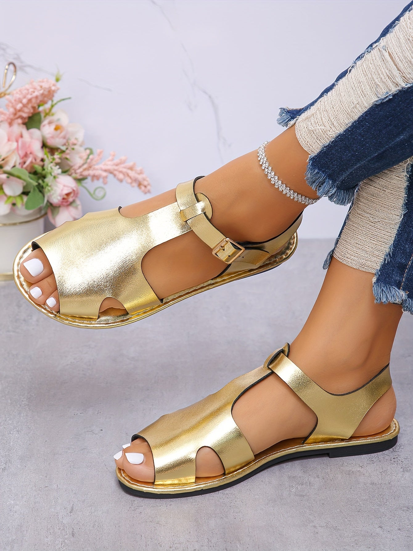 Womens Summer Flat Sandals - Buckle Ankle Strap, Lightweight, Comfortable, Open Toe, Faux Leather Upper, Rubber Sole, Versatile Vacation Footwear for Beach, Pool, and Outdoor Activities