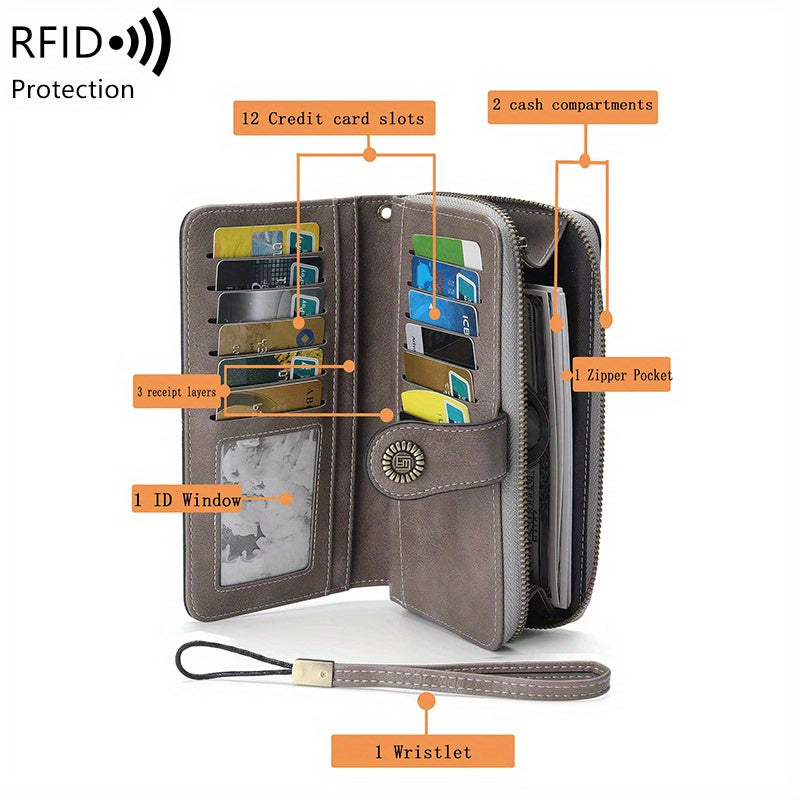 Vintage-Style RFID Long Wallet – Large-Capacity Faux Leather Coin Purse with Wristband, Snap Closure & Multi-Card Slots