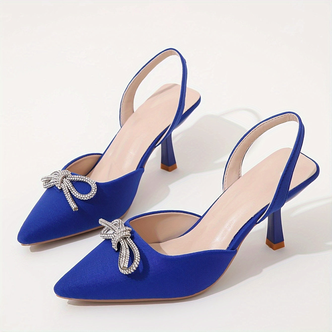 Women's Rhinestone Bow Stiletto, Pointed Toe Satin Slingback High Heels, Party & Evening Going Out Dress Shoes