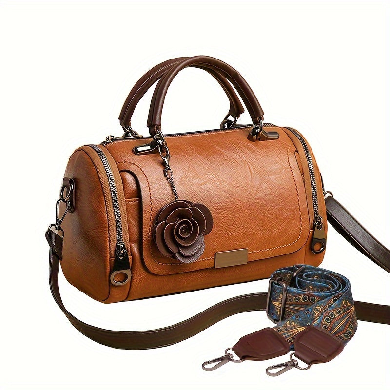 Vintage Boston Handbag, Large-capacity Trendy Satchel Bag, Flower Pendant Zipper Purse