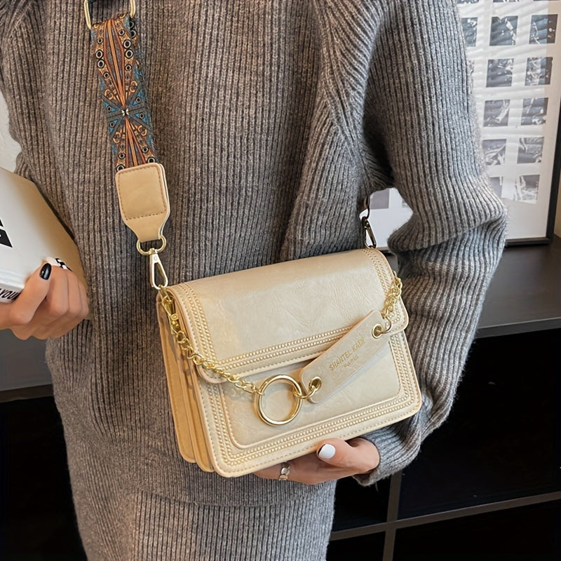 Chain Decor Square Crossbody Bag, Small Stitch Detail Flap Purse, Women's Faux Leather Shoulder Bag