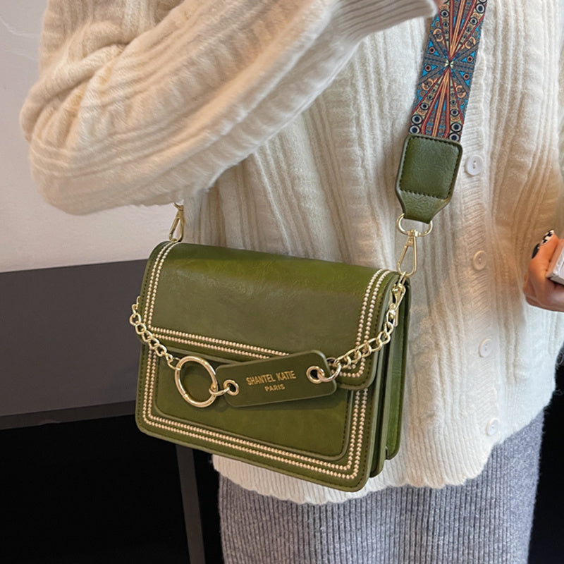 Chain Decor Square Crossbody Bag, Small Stitch Detail Flap Purse, Women's Faux Leather Shoulder Bag