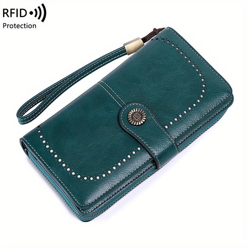 Vintage-Style RFID Long Wallet – Large-Capacity Faux Leather Coin Purse with Wristband, Snap Closure & Multi-Card Slots