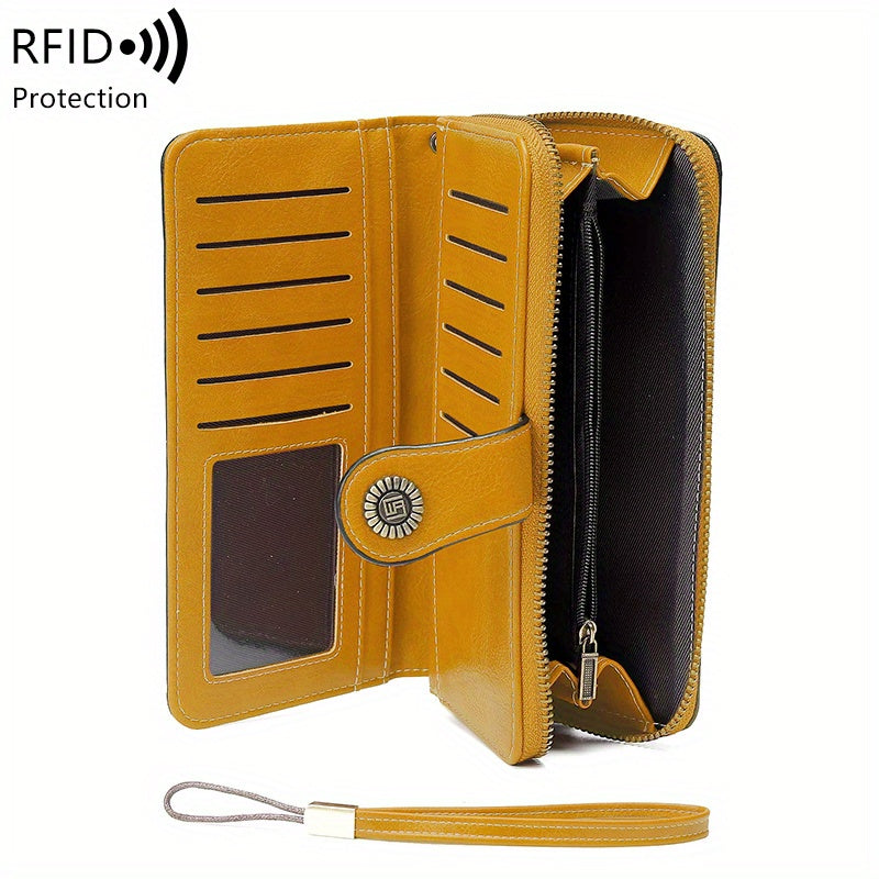 Vintage-Style RFID Long Wallet – Large-Capacity Faux Leather Coin Purse with Wristband, Snap Closure & Multi-Card Slots
