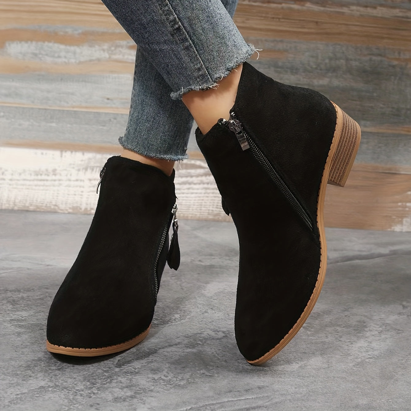 Women's Stacked Heel Ankle Boots, Side Zipper Pointed Toe Solid Color Short Boots, Comfortable Block Heels