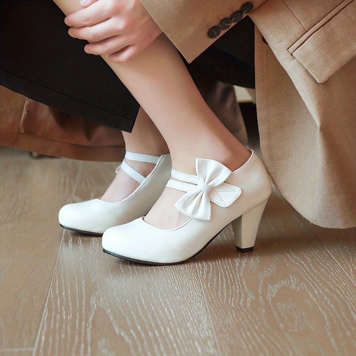 Round Toe Pumps Kitten Heels, Bowknot Ankle Straps PU Leather Fashion Dance Work Dress Chunky Shoes, Women's Footwear
