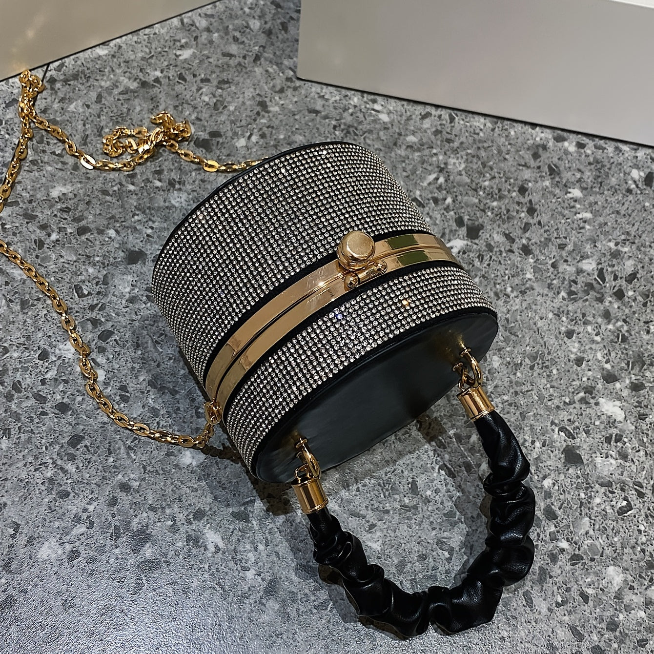 Mini Allover Rhinestone Handbag, Ruched Detail Evening Bucket Bag, Stylish Chain Shoulder Purse For Party (3.9*4.7*4.7) Inch Best Gifts for Carnaval