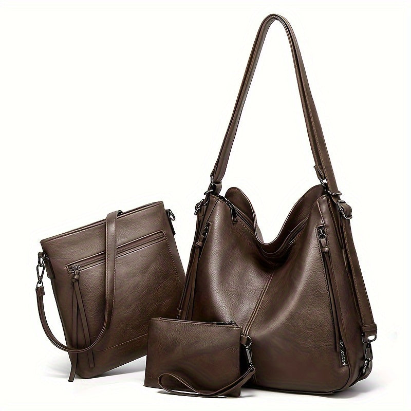 3-Piece Retro Tote Bag Set for Women - Stylish Shoulder & Crossbody Bags with Matching Clutch Coin Purse - Versatile Vintage-inspired Style for Everyday Elegance