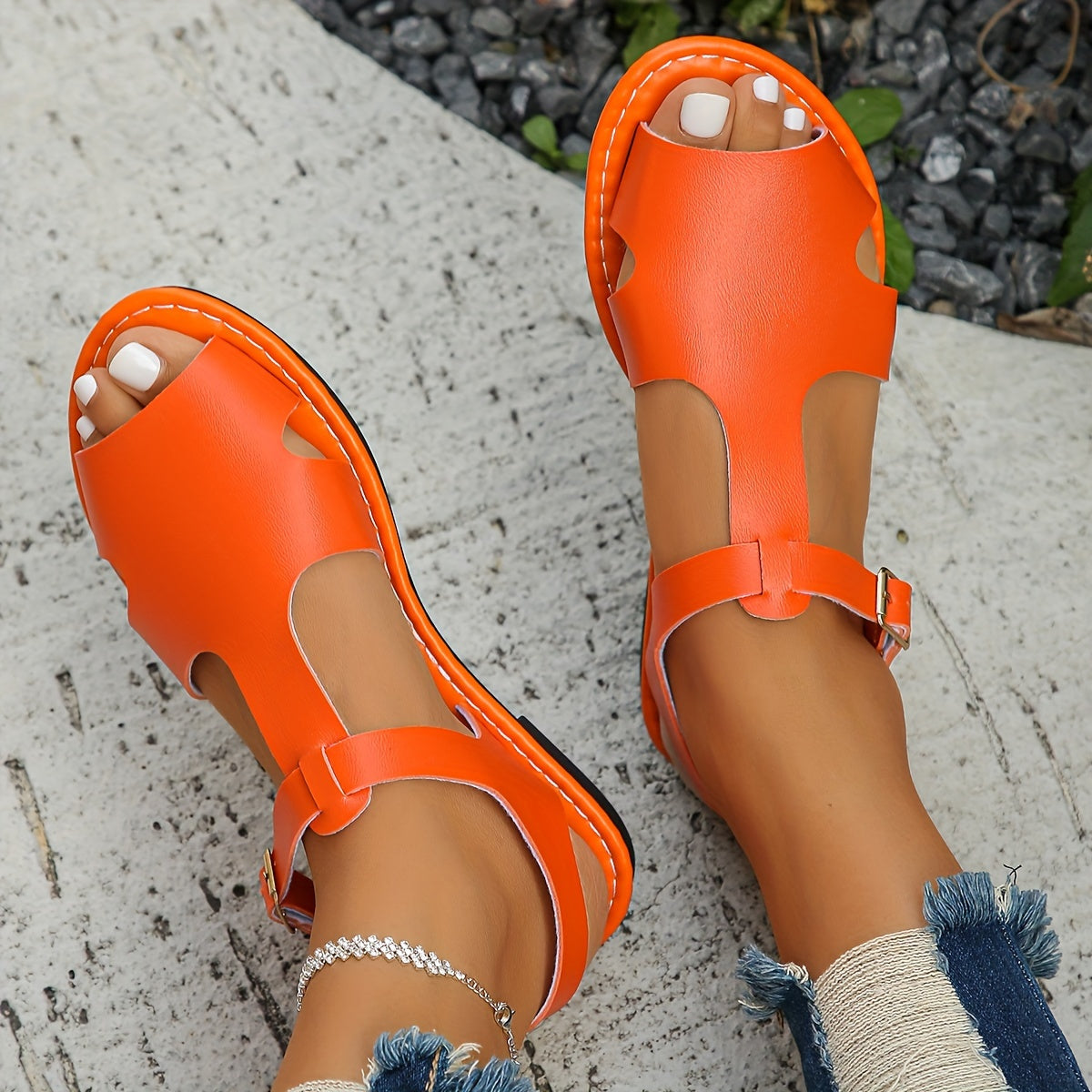 Womens Summer Flat Sandals - Buckle Ankle Strap, Lightweight, Comfortable, Open Toe, Faux Leather Upper, Rubber Sole, Versatile Vacation Footwear for Beach, Pool, and Outdoor Activities
