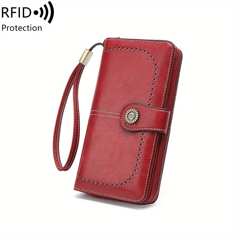 Vintage-Style RFID Long Wallet – Large-Capacity Faux Leather Coin Purse with Wristband, Snap Closure & Multi-Card Slots