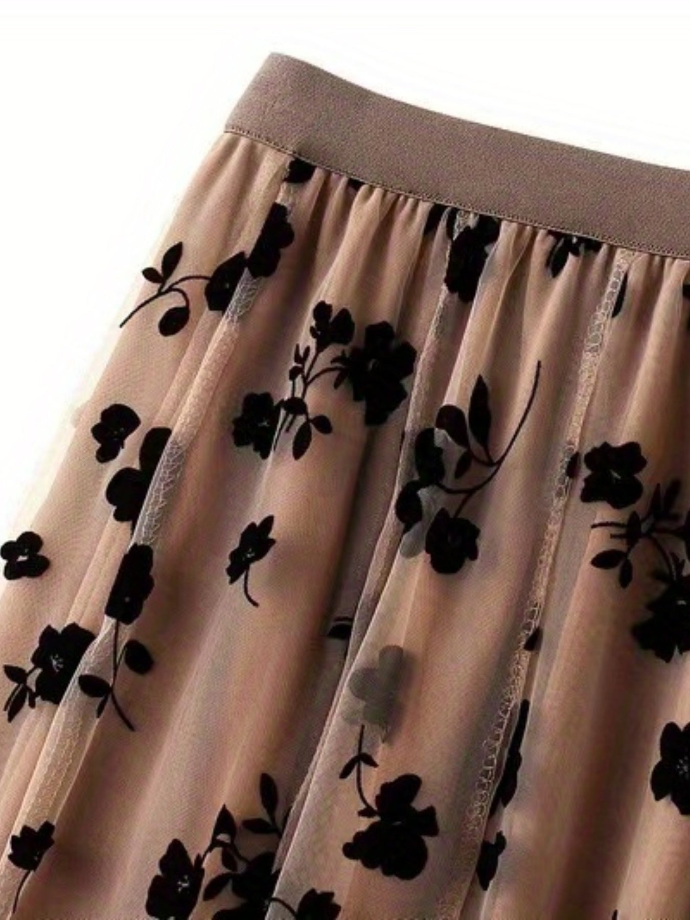 Plant Print Contrast Mesh Skirts, Elegant High Waist Maxi Skirts, Women's Clothing
