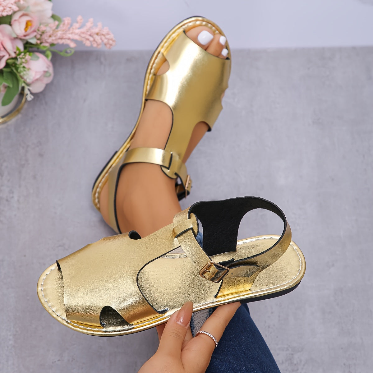 Womens Summer Flat Sandals - Buckle Ankle Strap, Lightweight, Comfortable, Open Toe, Faux Leather Upper, Rubber Sole, Versatile Vacation Footwear for Beach, Pool, and Outdoor Activities