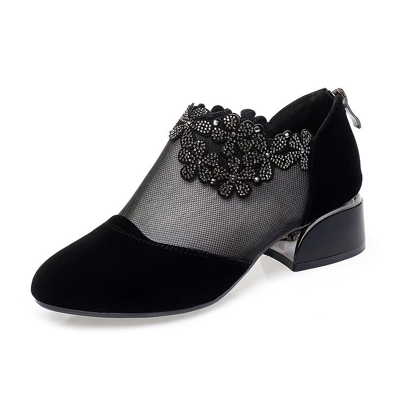 Women's Flower Rhinestone Mesh Block Heels, Fashion Back Zipper Solid, Versatile Dress Low Heels