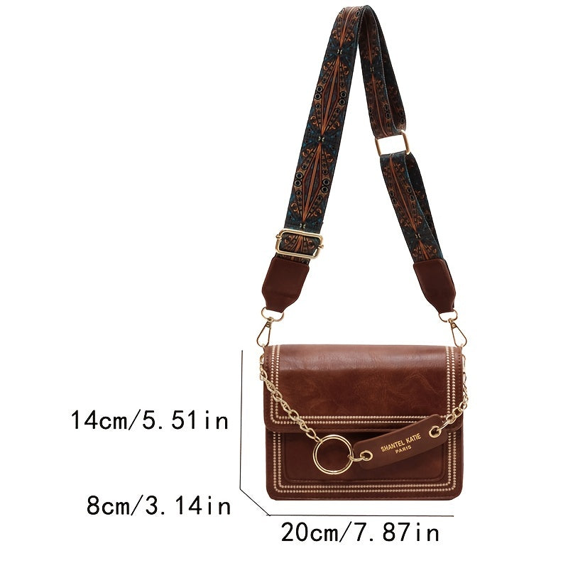 Chain Decor Square Crossbody Bag, Small Stitch Detail Flap Purse, Women's Faux Leather Shoulder Bag