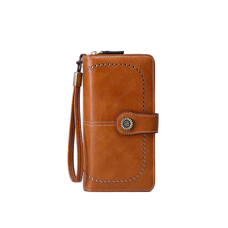 Vintage-Style RFID Long Wallet – Large-Capacity Faux Leather Coin Purse with Wristband, Snap Closure & Multi-Card Slots