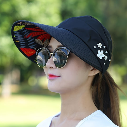 Womens Summer Sun Hat - Premium UV Shield, Stylishly Versatile, Travel-Friendly Foldable Design, Wide Brim for Optimal Shade, Chic Floral Lining, Adjustable with Flower Accent