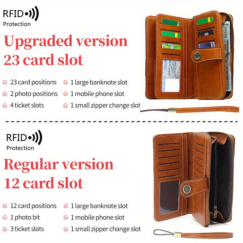 Vintage-Style RFID Long Wallet – Large-Capacity Faux Leather Coin Purse with Wristband, Snap Closure & Multi-Card Slots