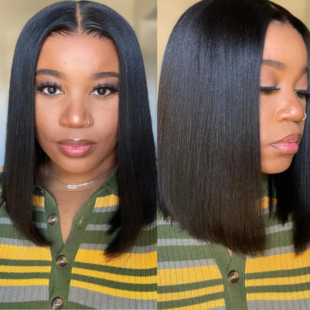 UNice Hair Drawstring Cap Yaki Straight Bob Wig Pre Cut Pre Bleached 7x5 Lace Closure Glueless Wigs Human Hair Ready To Wear Go