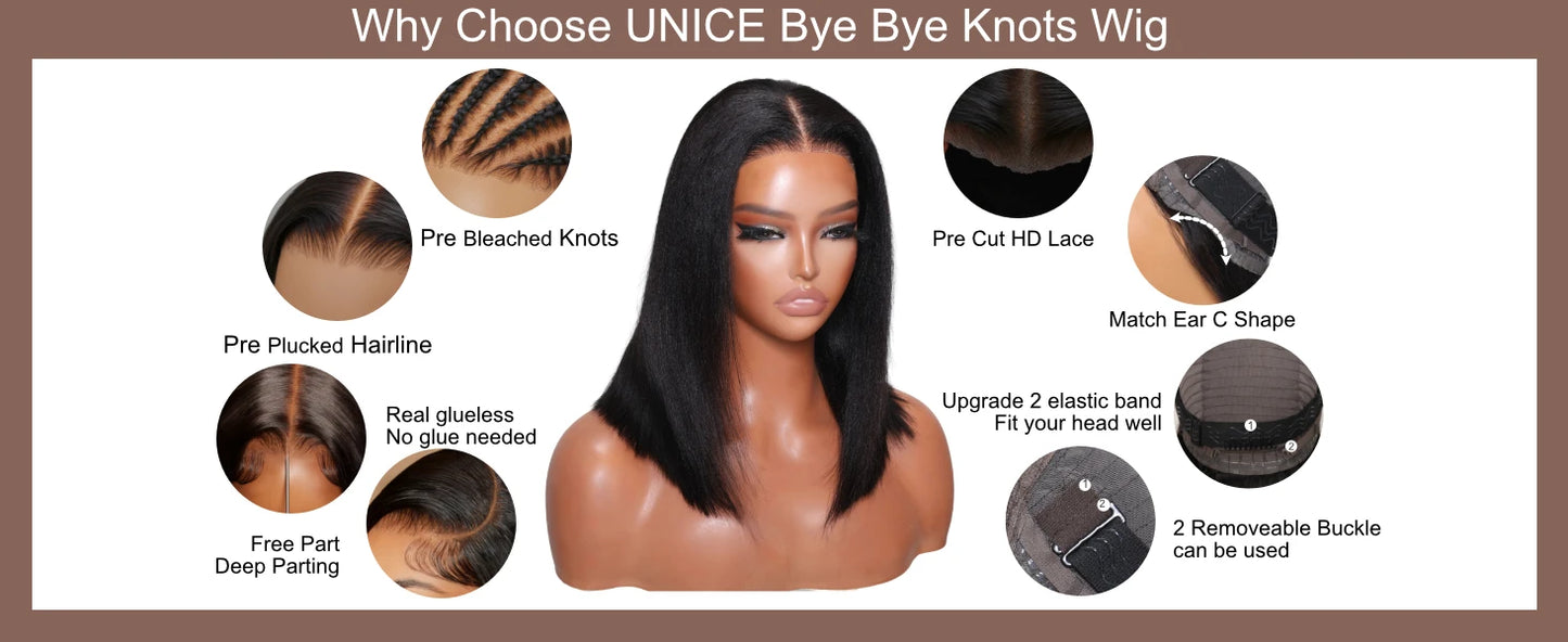 UNice Hair Drawstring Cap Yaki Straight Bob Wig Pre Cut Pre Bleached 7x5 Lace Closure Glueless Wigs Human Hair Ready To Wear Go