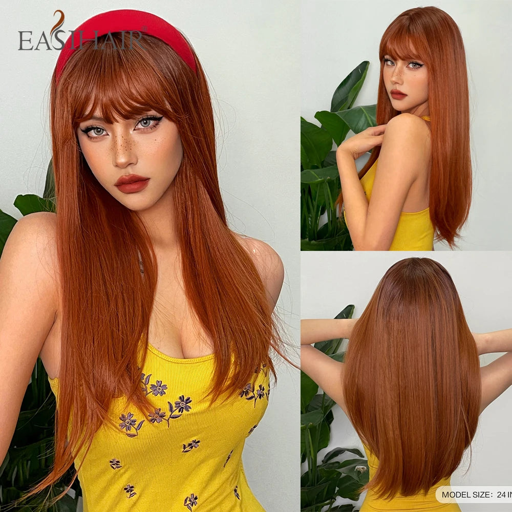 EASIHAIR Long Silky Straight Synthetic Wigs with Bangs Black Cosplay Party Lolita Hair Wigs for Women Natural Heat Resistant Wig