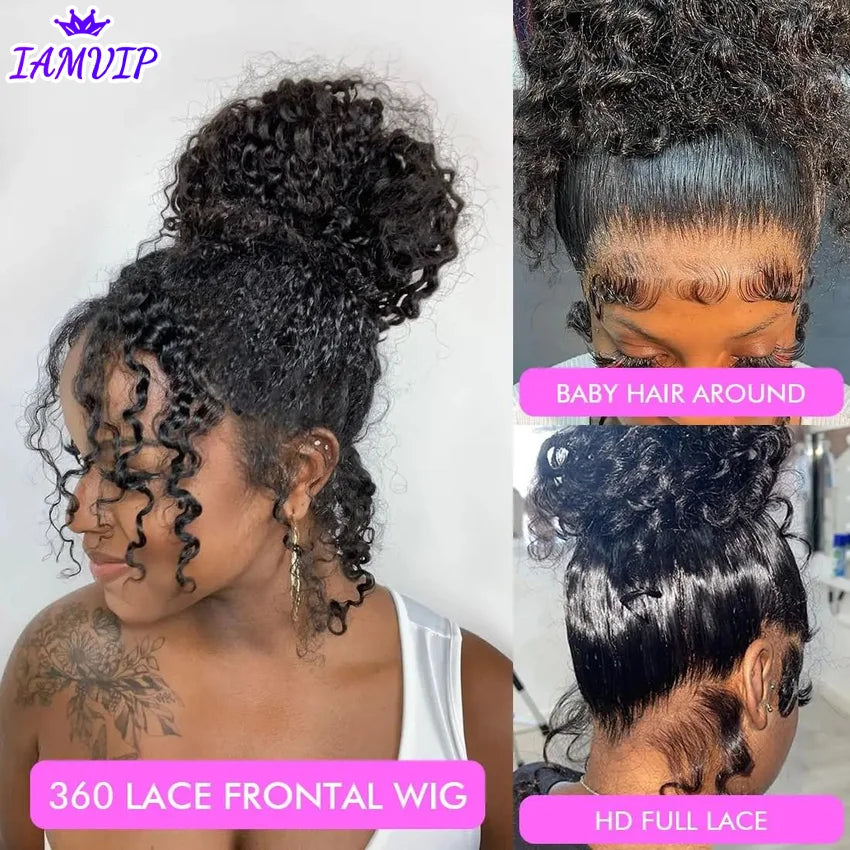250 Density Invisi Strap 360 Full HD Lace Frontal Kinky Curly Wig Black Human Hair Drawstring Snug 30 inch Water Wig Glueless