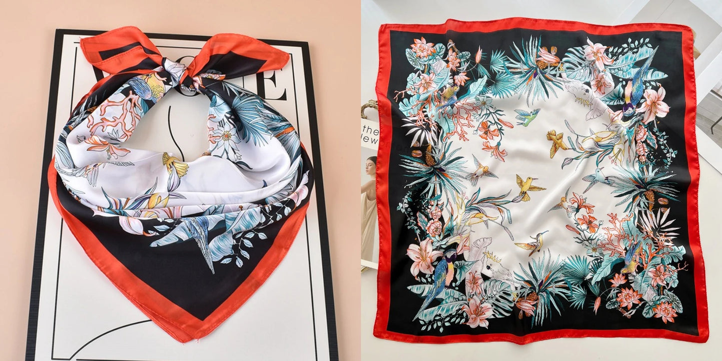 Luxury Floral Print Silk Square Scarf Women Soft Satin Kerchief Hairband Neckerchief Head Hijab Lady Headband Foulard Bag Ribbon