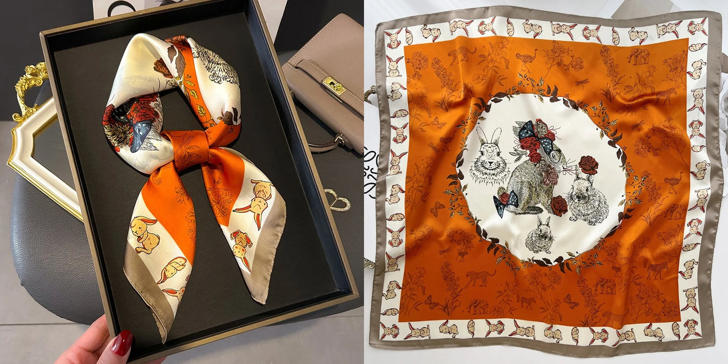 Luxury Floral Print Silk Square Scarf Women Soft Satin Kerchief Hairband Neckerchief Head Hijab Lady Headband Foulard Bag Ribbon
