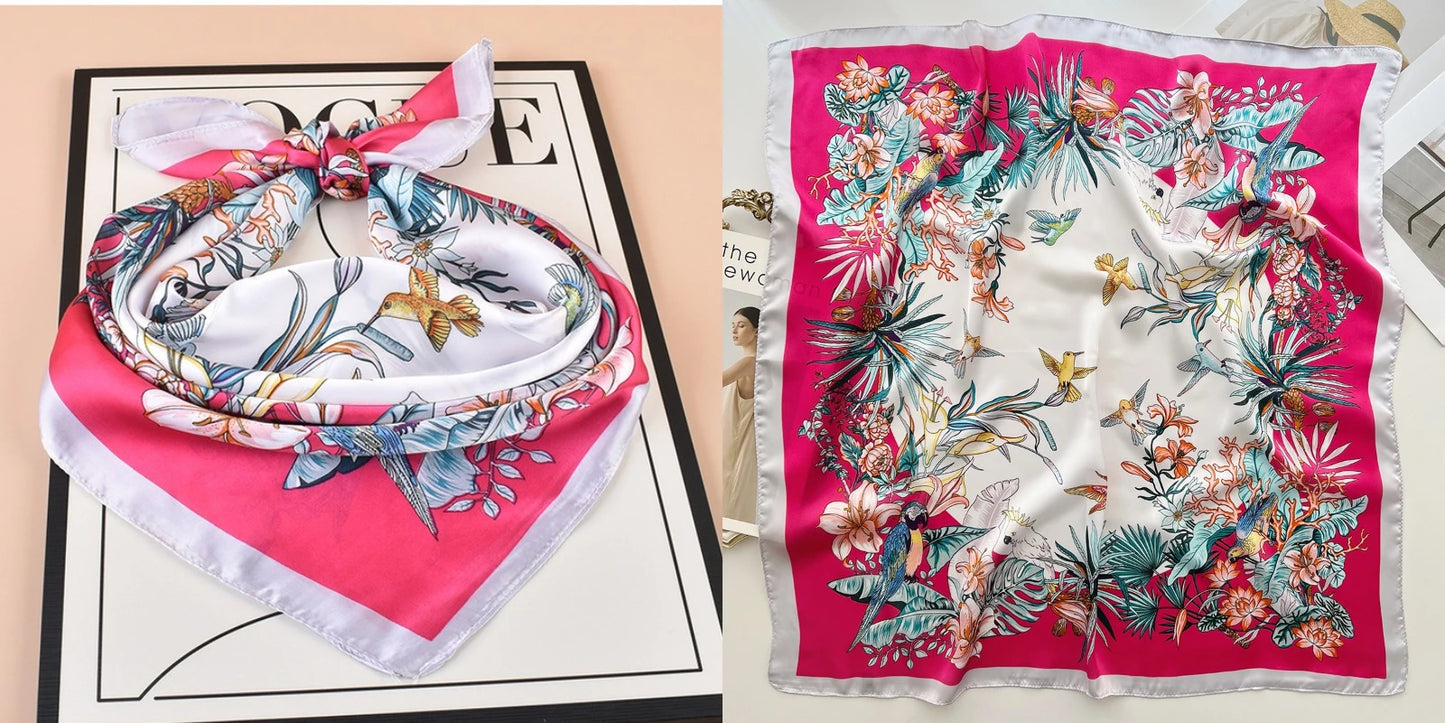 Luxury Floral Print Silk Square Scarf Women Soft Satin Kerchief Hairband Neckerchief Head Hijab Lady Headband Foulard Bag Ribbon