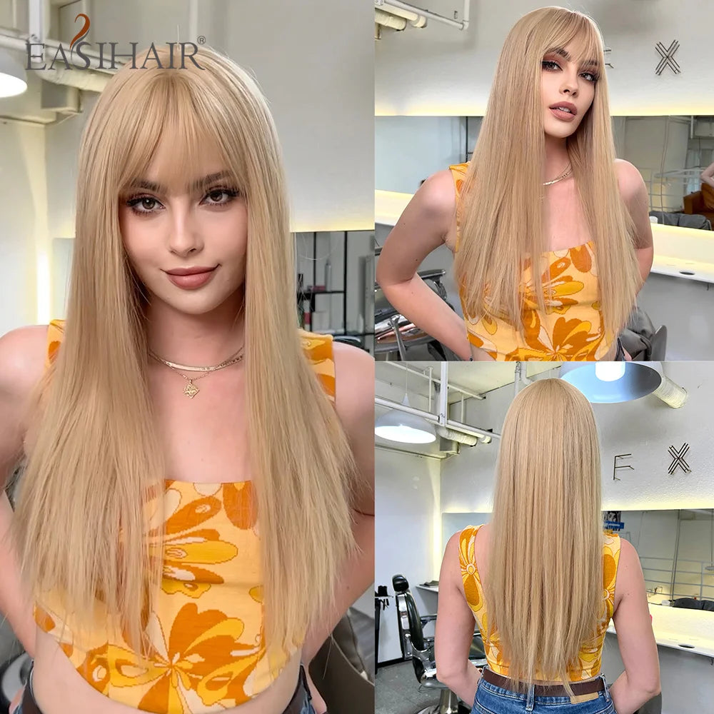 EASIHAIR Long Silky Straight Synthetic Wigs with Bangs Black Cosplay Party Lolita Hair Wigs for Women Natural Heat Resistant Wig