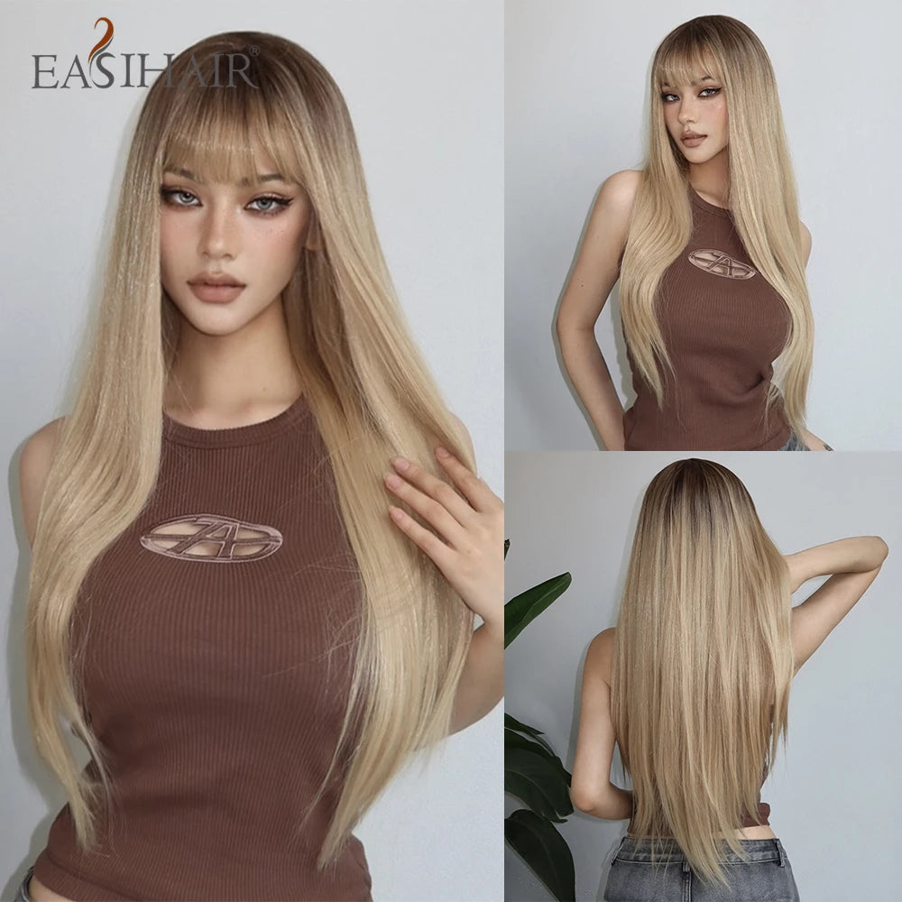 EASIHAIR Long Silky Straight Synthetic Wigs with Bangs Black Cosplay Party Lolita Hair Wigs for Women Natural Heat Resistant Wig